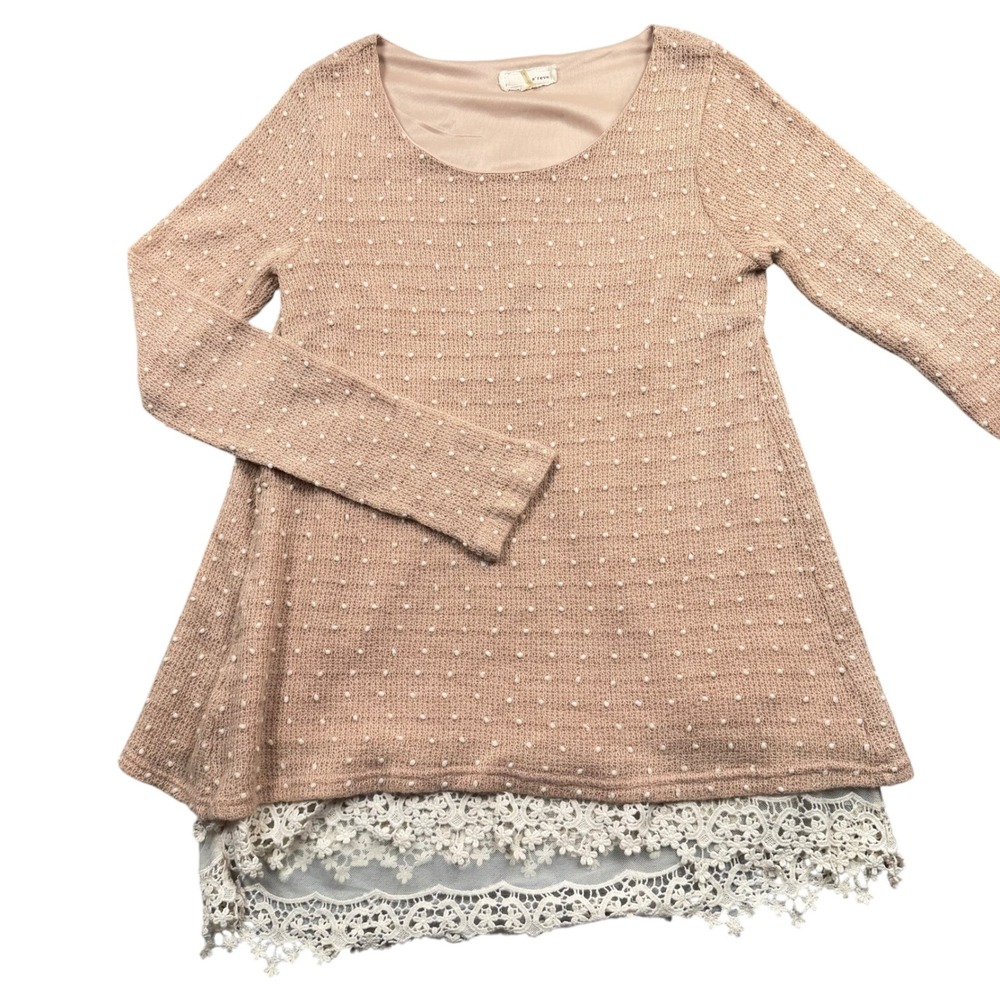 Anthropologie a'reve Lace Trim Knit Top L Peach Pink Polka Dot Split Back Tunic